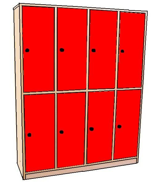 8. Szafka o wymiarach ok. 129 x 40 x 166 cm podzielona na 8 równych segmentów, każdy zamykany osobnymi drzwiczkami. 4 segmenty powinny znajdować się w dolnej części szafki, a 4 w górnej części szafki.
