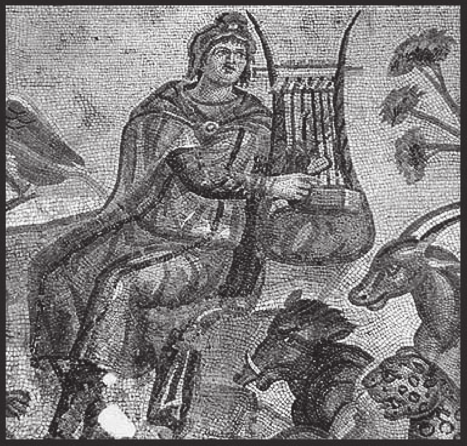 Zadanie 1. (0 4) 1.1. Na ilustracji widoczny jest fragment mozaiki przedstawiający postać Orfeusza. Podaj nazwę instrumentu, na którym gra Orfeusz.. 1.2.