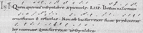 Zadanie 2. (0 3) Poniżej przedstawiono fragment średniowiecznego rękopisu zawierający trop Quem quaeritis, wykonywany w ramach introitu mszy wielkanocnej.