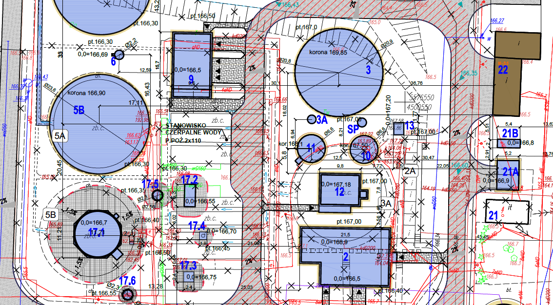 Oczyszczalnia ścieków Ob. 5 Osadnik wtórny Ob. 9 Budynek technologiczny 1 Ob. 7 Elementy instalacji biogazu Zbiornik. Ob. 3 Osadnik wstępny Ob.10 Zagęszczacz gr. Osadu Ob.