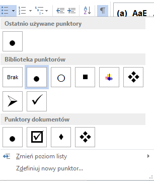 Punktory i numeracja Aby stworzyć prostą listę punktowaną lub numerowaną, wybierz z karty Narzędzia główne na Wstążce jedną trzech opcji. Kliknij okno z rysunkiem punktora odpowiedniego typu.