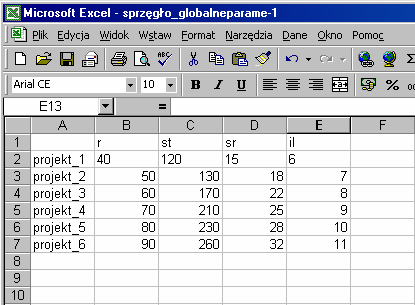 Projektowanie tabeli zmiennych Po wprowadzeniu nazwy pliku automatycznie otwiera się Excel, wraz z projektem arkusza. Należy wypełnić go jak na poniższym rysunku. Rys.5.