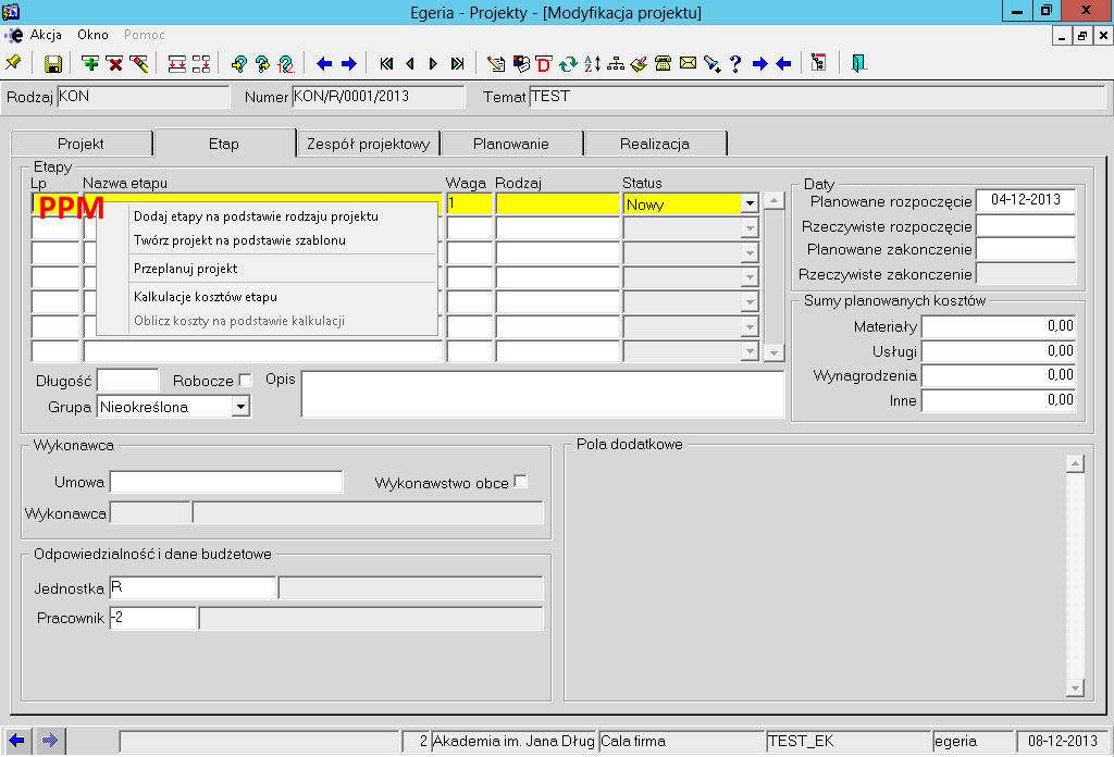 Rysunek 3 - Nowy etap Każdy projekt powinien posiadać przynajmniej jeden etap w całości obejmujący daty rozpoczęcia oraz zakończenia projektu.