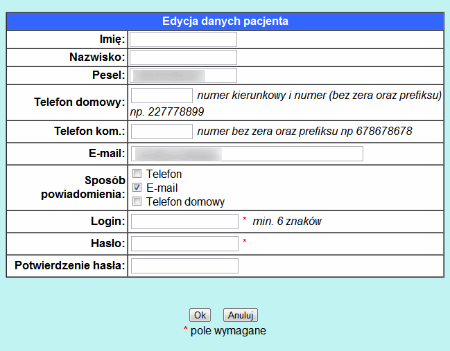 Należy również zapoznać się z regulaminem (dostępnym po kliknięciu linka REGULAMIN). Po zapoznaniu się z nim zaznaczamy pole Akceptuję regulamin serwisu e-rejestracja, a następnie klikamy na przycisk.