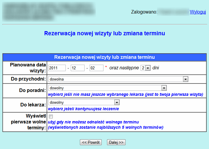 W pole Planowana data wizyty domyślnie wpisana jest dzisiejsza data. Jeśli chcemy umówić się na wizytę w późniejszym terminie - należy ją zmienić.