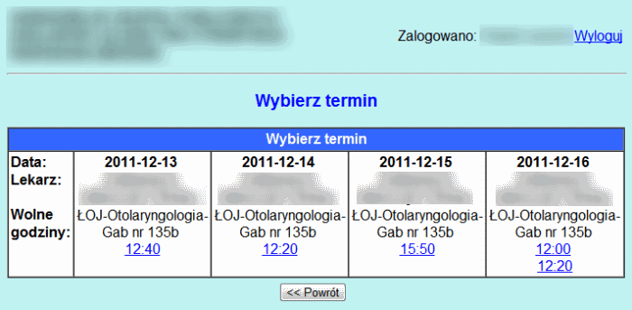 Jeśli zależy nam na wizycie konkretnego dnia, możemy po wpisaniu daty w polu oraz następne... dni wybrać wartość 0. W polach znajdujących się poniżej wybieramy przychodnię, poradnię i lekarza.