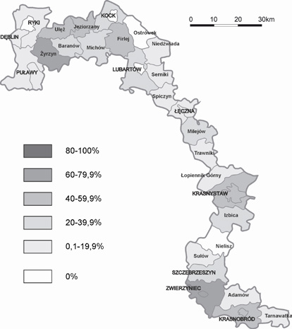 Zagospodarowanie turystyczne... Wyniki Obszary o wysokich walorach przyrodniczych objęte ochroną Analizą objęto obszar 29 jednostek administracyjnych położonych nad Wieprzem.