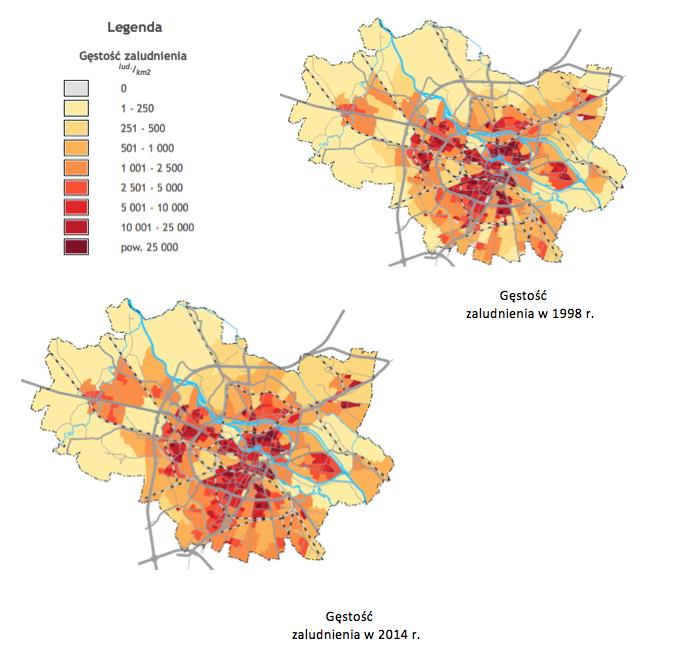 Mapa 2. Gęstość zaludnienia Wrocławia w latach 1998 2014 Źródło. SIP Wrocław. http://gis.um.wroc.