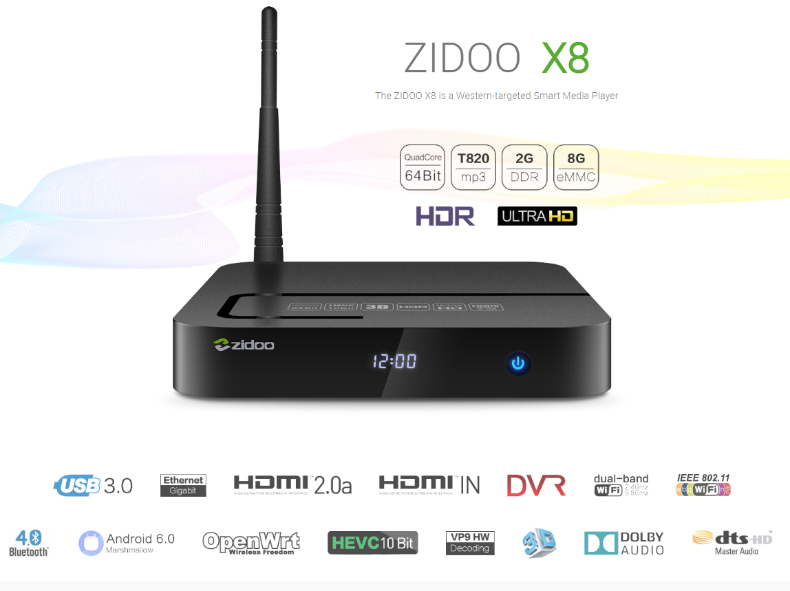 Zidoo X8 Android 6.0 Marshmallow i OpenWRT. Procesor:Realtek RTD1295 ARM Cortex-A53 Quad-Core z GPU ARM T820 MP3, 2GB RAM, 8GB pamięci oraz Gigabit LAN.