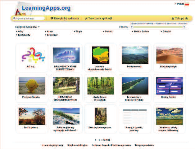 58 gier edukacyjnych jest Learning Apps (https://learningapps.org). Jest to aplikacja 2.0, za pomocą której można tworzyć krótkie elementy interaktywne, które urozmaicą pracę z uczniami.