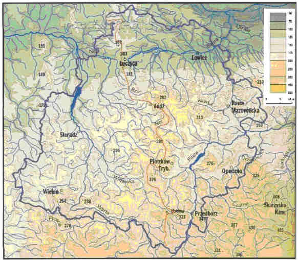 Ukształtowanie powierzchni (m n.p.m.) i sieć rzeczna woj. Łódzkiego Główna sieć hydrograficzna gminy oparta jest o rzekę Luciąża będącą lewym dopływem Pilicy wraz ze swoim dopływem - Bogdanówką (ok.