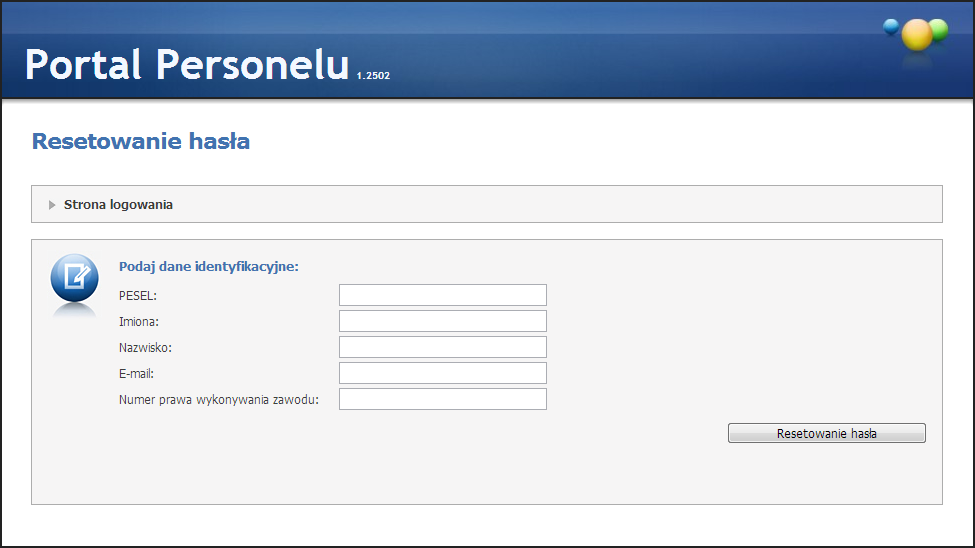 Logowanie 22 9 Resetowanie hasła Funkcja pozwala na zresetowanie hasła Po kliknięciu resetowanie hasła nastąpi przejście do strony zawierającej pola: Pesel, Imiona, Nazwisko, E-mail, Numer prawa