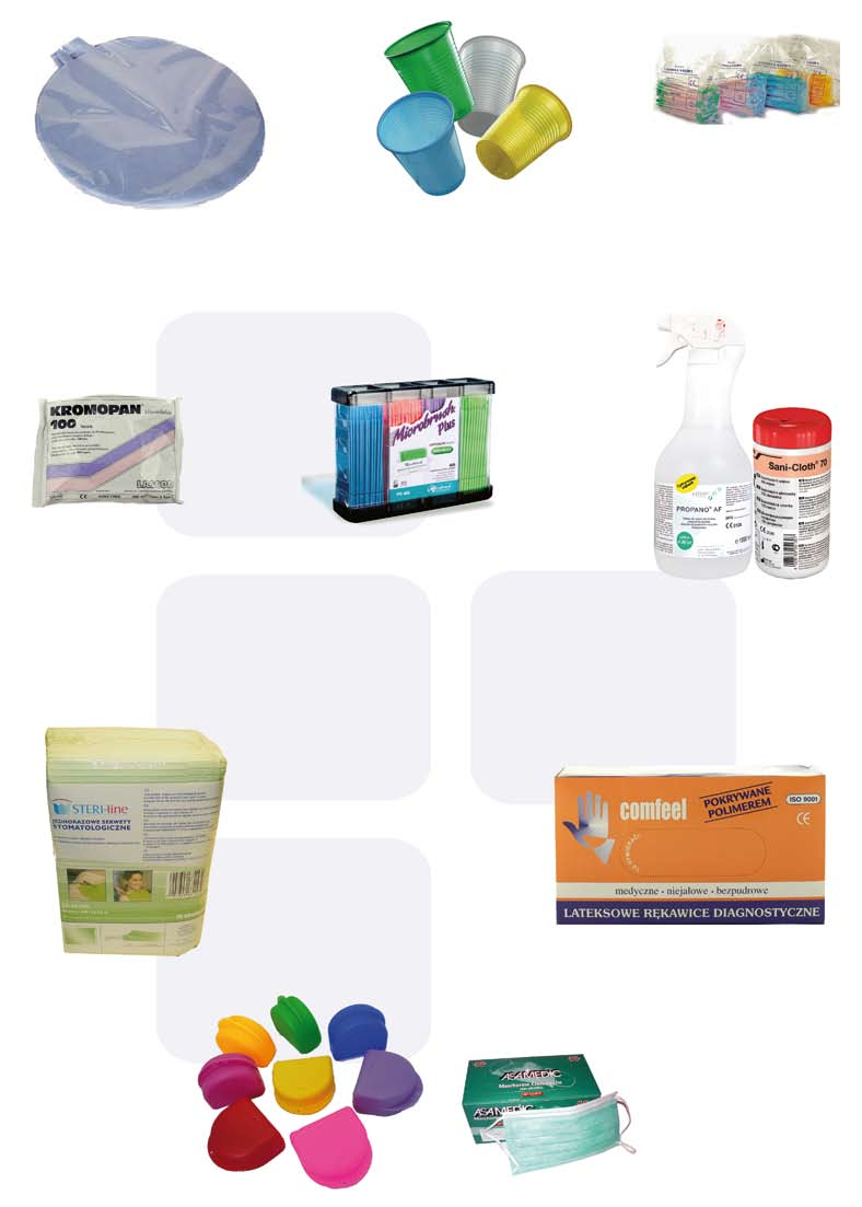 13 DEZYNFEKCJA I AKCESORIA 6,50z ł* 7z ł* Ślinociągi Jednorazowego użytku w różnych kolorach. Opakowanie: 100 szt. Producent: Asa Dental Wkłady do spluwaczki Opakowanie: 50szt.