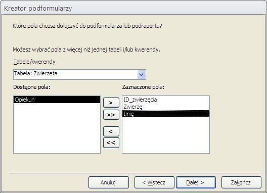 S t r o n a 12 Select the fields you want to include in the subform.