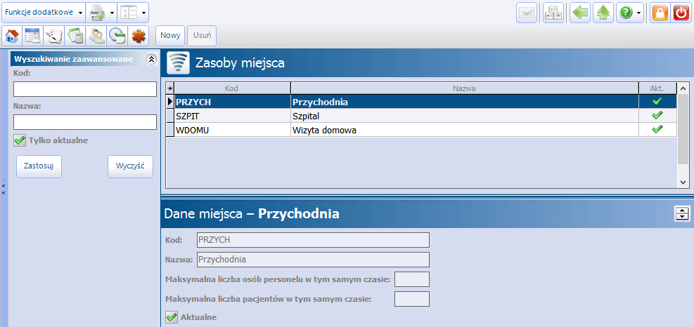 Zasoby miejsca Rozdział Zasoby miejsca 3 Ścieżka: Zarządzanie > Terminarz > Zasoby miejsca Pod pojęciem "Zasoby miejsca" należy rozumieć miejsca, w których świadczone są usługi zdrowotne (np.