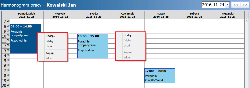Harmonogramy pracy Edycja harmonogramu pracy dostępna jest po kliknięciu prawym przyciskiem myszy w dowolnym polu/bloku na harmonogramie: Dodanie nowego bloku - dodanie nowego bloku zostało opisane w