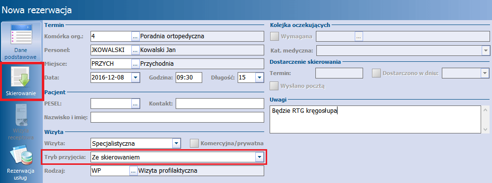 Rezerwacja wizyty 1. W polu "Tryb przyjęcia" wybrać wartość Ze skierowaniem. 2. Wybrać ikonę S kierow anie dostępną w lewym panelu okna.