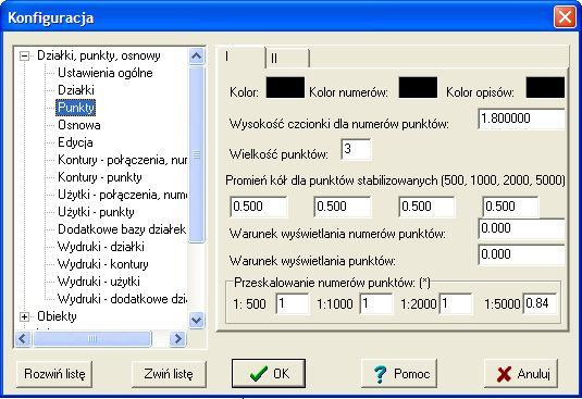9. Jeżeli punkty są słabo widoczne, możemy zmienić ich kolor i wielkość ich symboli w konfiguracji programu (menu Baza > Konfiguracja, pozycja Działki, punkty, osnowy > Punkty). 10.