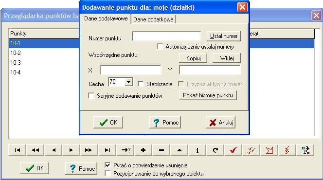 19. Otwórzmy Przeglądarkę punktów (menu Punkty > Przeglądanie punktów aktywnej bazy), kliknijmy Wstaw nowy element i wprowadźmy kolejne punkty o podanych niżej współrzędnych (możemy zaznaczyć Seryjne