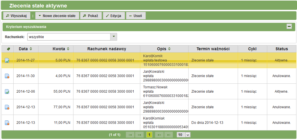 W zakładce Zlecenia stałe aktywne klient ma dostęp do następujących opcji: 3.10.2.1. Wyszukiwanie zleceń stałych Rys. 3.52: Zlecenia stałe aktywne.