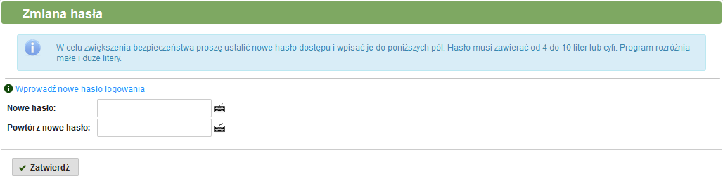 powtórzyć w polu Powtórz hasło. Zmianę hasła należy zatwierdzić przyciskiem. Rys. 3.61: Formularz zmiany hasła. 3.13.