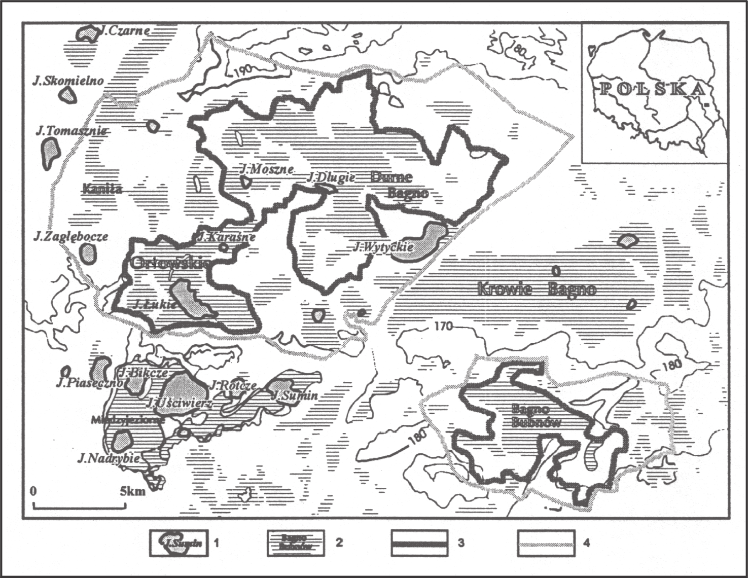 Ryc. 1. Rozmieszczenie jezior i torfowisk w Poleskim Parku Narodowym i jego otulinie Fig. 1. Distribution of lakes and mires in the Polesie National Park and its protection zone Objaśnienia: 1 jeziora; 2 torfowiska; 3 granica Parku; 4 granica otuliny Parku.