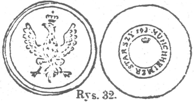 S. Magnus w Warszawie», w środku u góry korona królewska, niżej gwiazda. Rys. 35. Płaski. Orzeł od