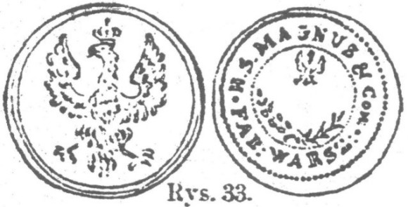 Rys. 36. Płaski, mały. S. o. Napis w trzech wierszach: «Fine Quality Rozana». Gwardya królewska i korpus żandarmeryi: a) Guziki oficerskie.