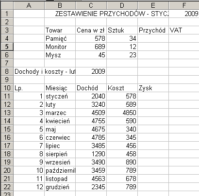 i. Odkryć ukryte wcześniej kolumny. j. Ukryć wiersze od 6 do 8 w tabeli. k. Odkryć wiersze od 6 do 8 w tabeli. l. Zmienić wysokość pierwszego wiersza na 20 pt. m.