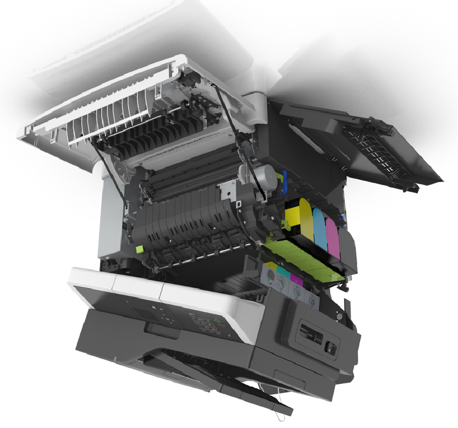 Przegląd drukarki 147 Wymiana materiałów eksploatacyjnych Wymiana pojemnika na zużyty toner 1 2 4 3 1 Górne drzwiczki 2 Pojemnik na zużyty toner 3 Prawa pokrywa boczna 4 Przednie drzwiczki 1 Wypakuj