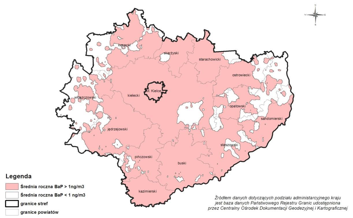 Mapa 3 Rozkład stężenia rocznego benzo(a)pirenu w pyle PM10 na terenie województwa świętokrzyskiego w 2015 roku Źródło: Ocena jakości powietrza w województwie świętokrzyskim w roku 2015, Wojewódzki