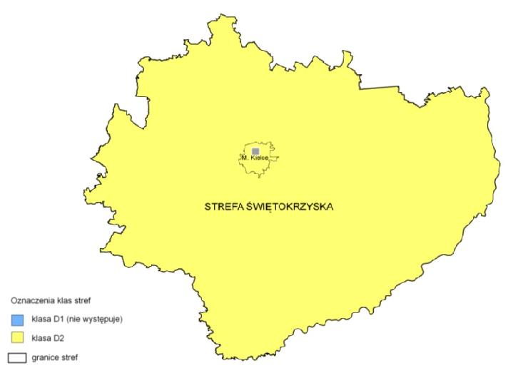 Mapa 5 Klasyfikacja stref pod względem kryterium ochrony zdrowia dla ozonu cel długoterminowy na terenie województwa świętokrzyskiego w 2015 roku Źródło: Roczna ocena jakości
