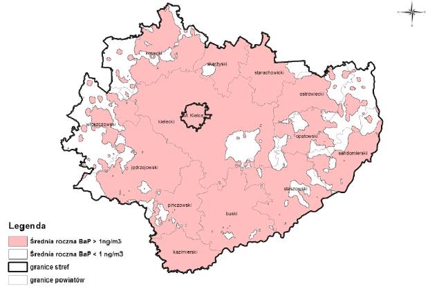 24 Udokumentowany pomiarami obszar przekroczeń poziomu docelowego benzo(a)pirenu obejmował większość obszaru województwa świętokrzyskiego, w tym Gminę Samborzec (mapa 6).