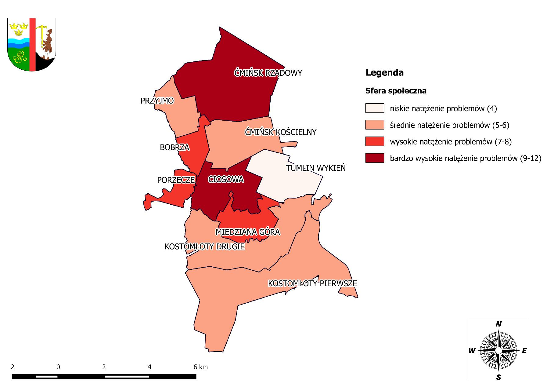 Mapa 3 Koncentracja negatywnych zjawisk w sferze społecznej w poszczególnych jednostkach referencyjnych na terenie Gminy Miedziana Góra Źródło: Opracowanie własne na podstawie danych Urzędu Gminy