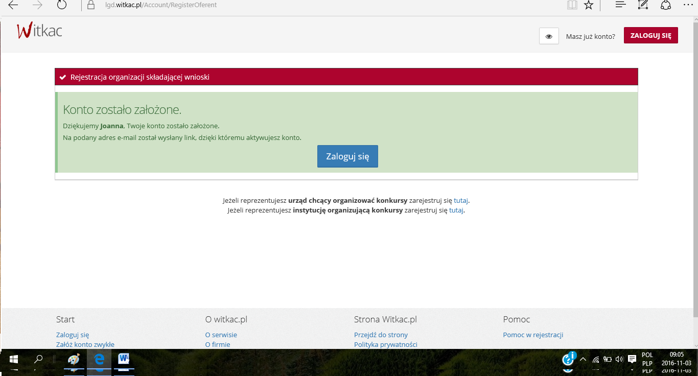 e) Konto zostało założone, na twojego emaila został wysłany link