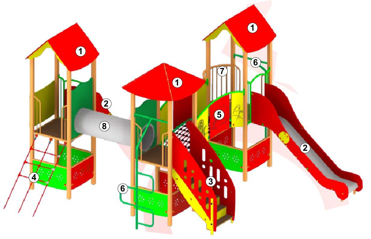 a) Montaż urządzeń zabawowych i wyposażenia dodatkowego Zestaw zabawowy 1 szt., Zestaw rekreacyjny trzywieżowy, wym.