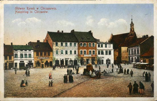 Honigwachs, Chrzanów. Ryc. 13 Rynek - pierzeja zachodnia i kościół św. Mikołaja. Nakł.