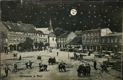 21 Kartka księżycowa, Rynek nocą. Uwagę zwraca napis na kartce Chrzanów w Noci Nakł. T.K.Ch., 1914 r.