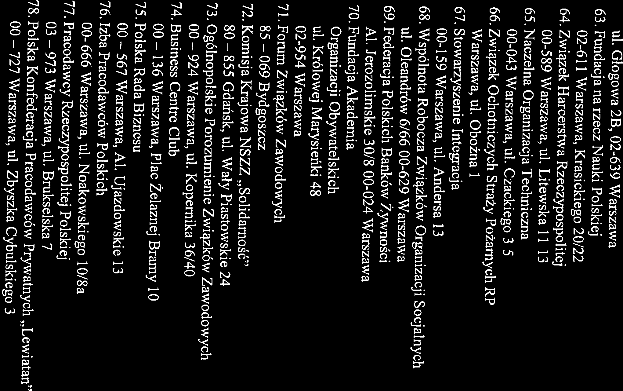 Warszawa, ul. Oboźna 1 66. Związek Ochotniczych Straży Pożarnych RP 00-043 Warszawa, ul. Czackiego 3/5 00-589 Warszawa, ul. Litewska 11/13 64. Związek Harcerstwa Rzeczypospolitej 65.