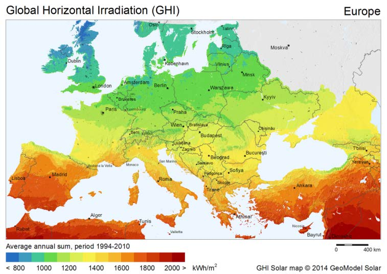 Energia słoneczna Średnioroczne nasłonecznienie na płaszczyznę