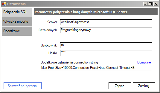 W pierwszej kolejności ustawiamy parametry połączenia do serwera Microsoft SQL Server analogicznie jak w poprzednich przypadkach.
