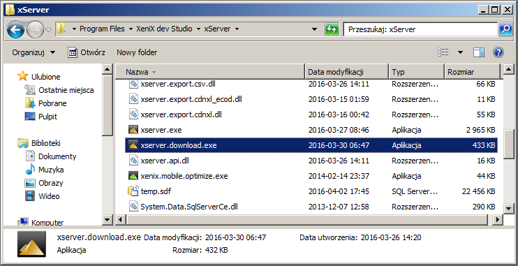 2. Konfiguracja programu xserver.download.exe W katalogu z programem xserver znajduje się aplikacja xserver.download.exe i służy do pobierania danych z kolektora danych z Windows CE/Mobile.