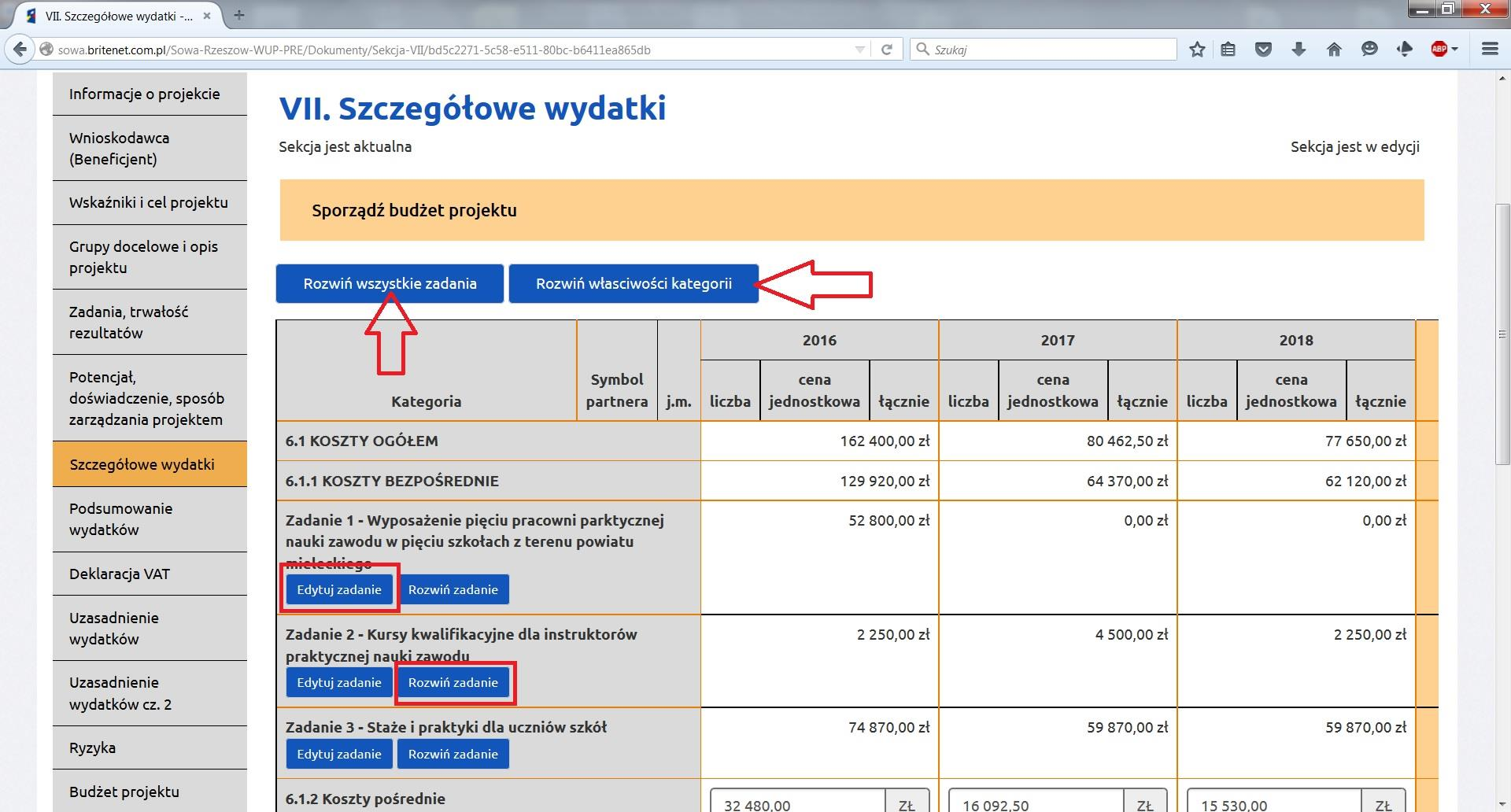 Poszczególne wydatki wprowadzamy edytując zadania wprowadzone wcześniej w sekcji V generatora