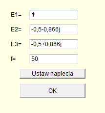 3. Przycisk do ustawiania parametrów źródeł na symetryczne z założeniem niezmienności wymuszenia w fazie A. 4.