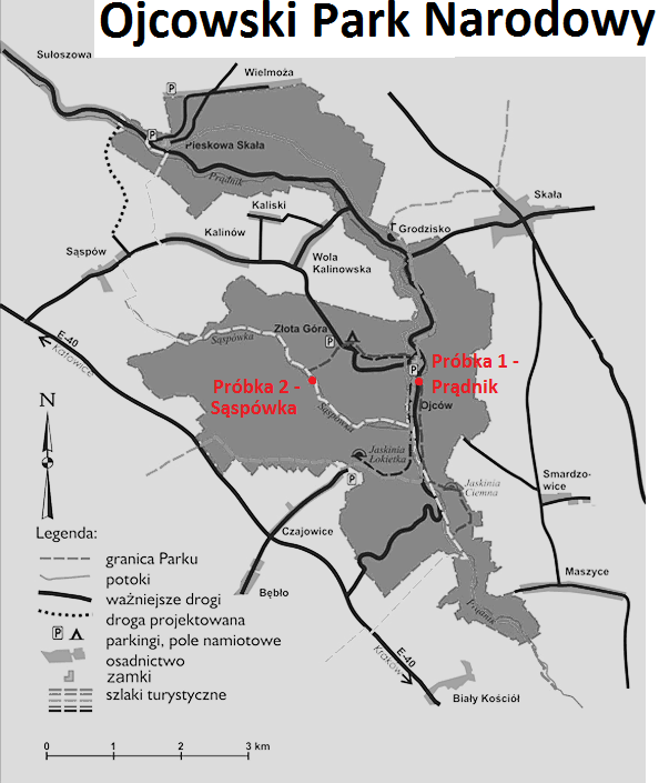 Rys. 1. Mapa Ojcowskiego Parku Narodowego schematycznie przedstawione miejsca poboru próbek [7]. Próbki poddano mineralizacji UV, w tym celu do 20 ml próbki dodano 50 µl H 2 O 2 i 10 µl stężonego HCl.