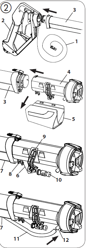 10. Montowanie lancy natryskowej (Rys. 2) Wysuń zwiniętą linkę (Rys. 2, 1) z uchwytu (2) i rozwiń ją. Włóż rurę powietrza (3) do uchwytu (2).