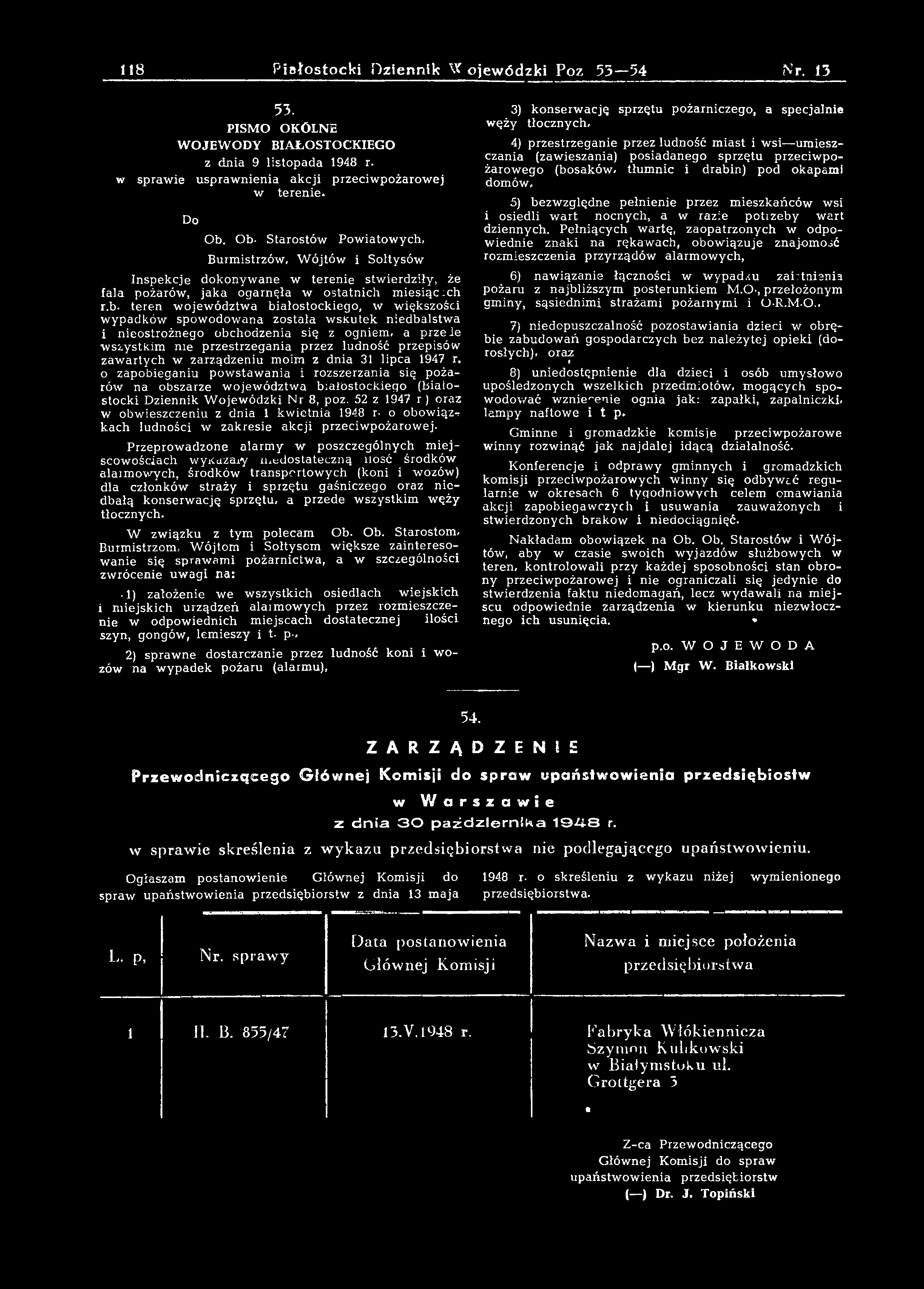 52 z 1947 r ) oraz w obw ieszczeniu z dnia 1 kw ietnia 1948 r- o obow iązkach ludności w zakresie akcji przeciw pożarow ej.