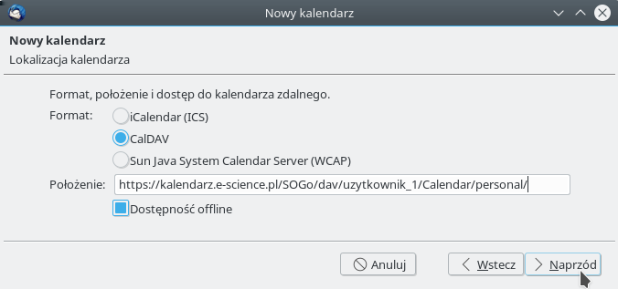 pobrany z witryny kalendarza e-science (rys. 2.44). Rys. 2.44: Specyfikacja szczegółów dodawanego kalendarza e-science.