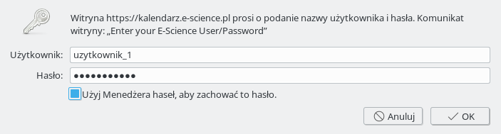 W kroku następnym użytkownik jest proszony o podanie nazwy użytkownika i hasła do platformy e-science.