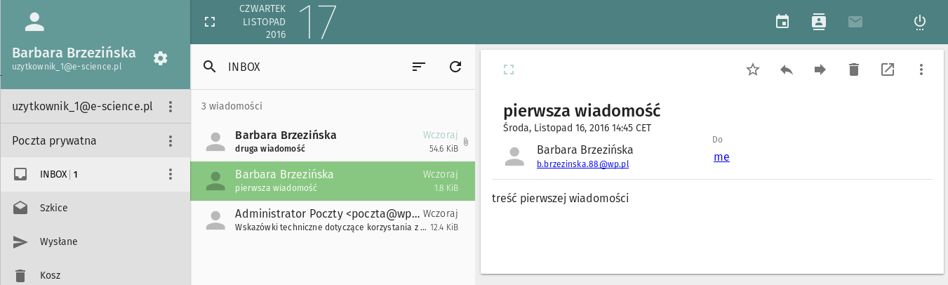 pl/, a następnie wybrać usługę Poczta (ikona koperty) po prawej stronie górnego panelu usługi Kalendarz (rys. 3.6). Rys. 3.6: Przejście do usługi Poczta.